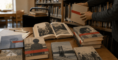 Libros de no ficción censurados en una biblioteca escolar con cintas rojas sobre sus portadas.