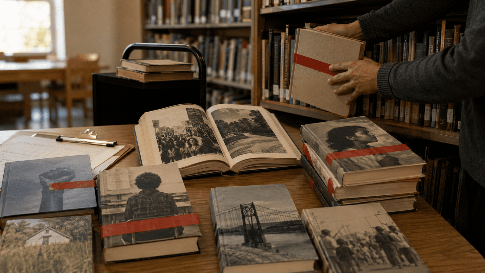 Libros de no ficción censurados en una biblioteca escolar con cintas rojas sobre sus portadas.