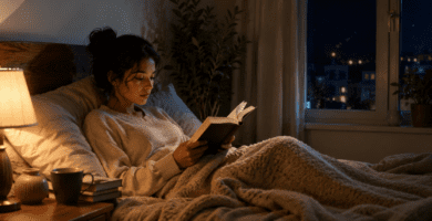 Persona lee un libro en la cama con luz cálida de lámpara y ventana nocturna al fondo.