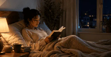 Persona lee un libro en la cama con luz cálida de lámpara y ventana nocturna al fondo.