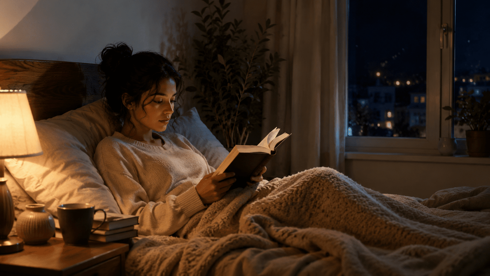 Persona lee un libro en la cama con luz cálida de lámpara y ventana nocturna al fondo.