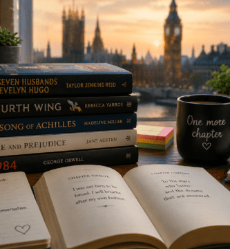 Libros en inglés sobre un escritorio con cuaderno, taza y vista urbana al atardecer.