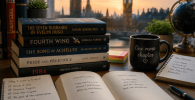 Libros en inglés sobre un escritorio con cuaderno, taza y vista urbana al atardecer.
