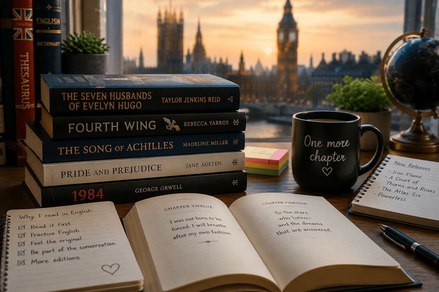 Libros en inglés sobre un escritorio con cuaderno, taza y vista urbana al atardecer.