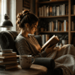 Persona lee un libro en un sillón junto a una ventana en un ambiente cálido.