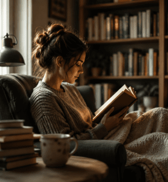 Persona lee un libro en un sillón junto a una ventana en un ambiente cálido.
