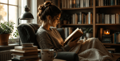 Persona lee un libro en un sillón junto a una ventana en un ambiente cálido.