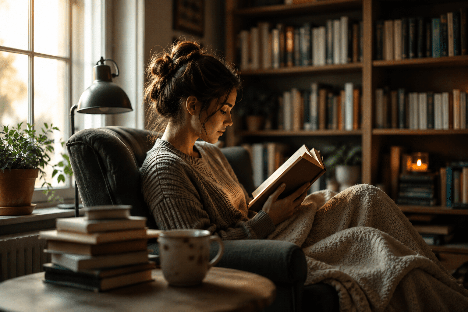 Persona lee un libro en un sillón junto a una ventana en un ambiente cálido.