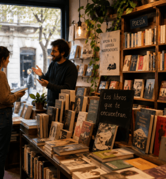 Librería independiente con estanterías de libros y lectores conversando junto a una ventana.