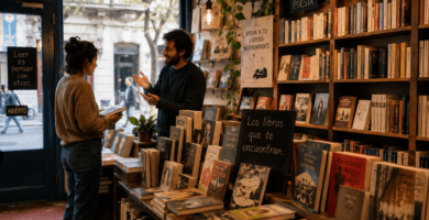 Librería independiente con estanterías de libros y lectores conversando junto a una ventana.