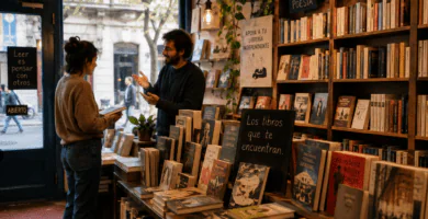 Librería independiente con estanterías de libros y lectores conversando junto a una ventana.