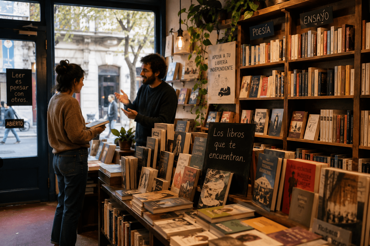 Librería independiente con estanterías de libros y lectores conversando junto a una ventana.