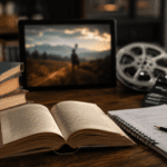 Libro abierto junto a claqueta de cine, guion y pantalla con escena audiovisual.