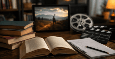 Libro abierto junto a claqueta de cine, guion y pantalla con escena audiovisual.