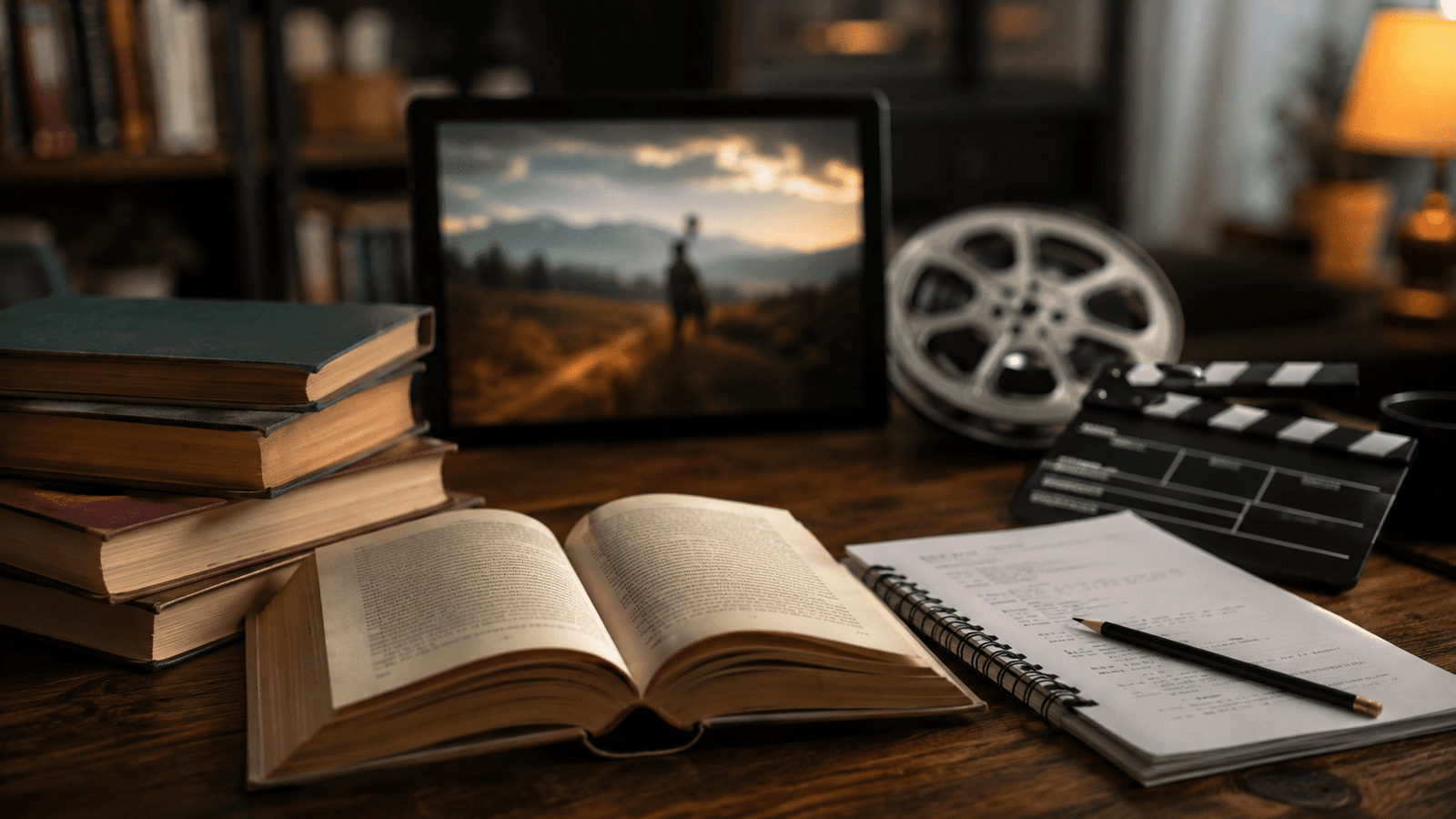 Libro abierto junto a claqueta de cine, guion y pantalla con escena audiovisual.