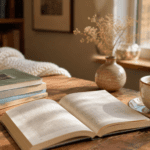 Libro corto abierto junto a una pila de lecturas breves y una taza en un rincón luminoso.