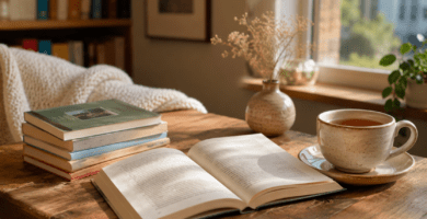 Libro corto abierto junto a una pila de lecturas breves y una taza en un rincón luminoso.