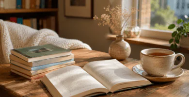 Libro corto abierto junto a una pila de lecturas breves y una taza en un rincón luminoso.
