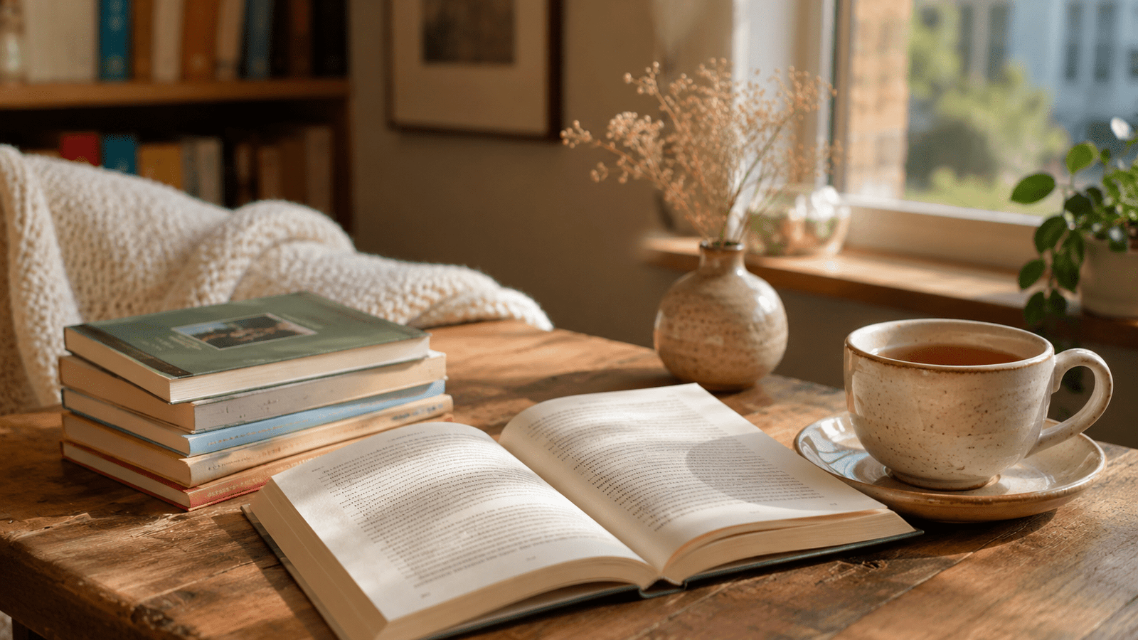 Libro corto abierto junto a una pila de lecturas breves y una taza en un rincón luminoso.