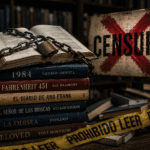 Libros encadenados en una biblioteca simbolizan la censura literaria y los libros prohibidos.