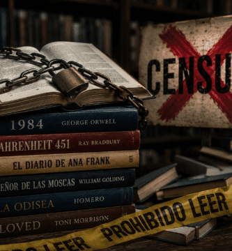 Libros encadenados en una biblioteca simbolizan la censura literaria y los libros prohibidos.