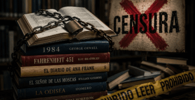 Libros encadenados en una biblioteca simbolizan la censura literaria y los libros prohibidos.