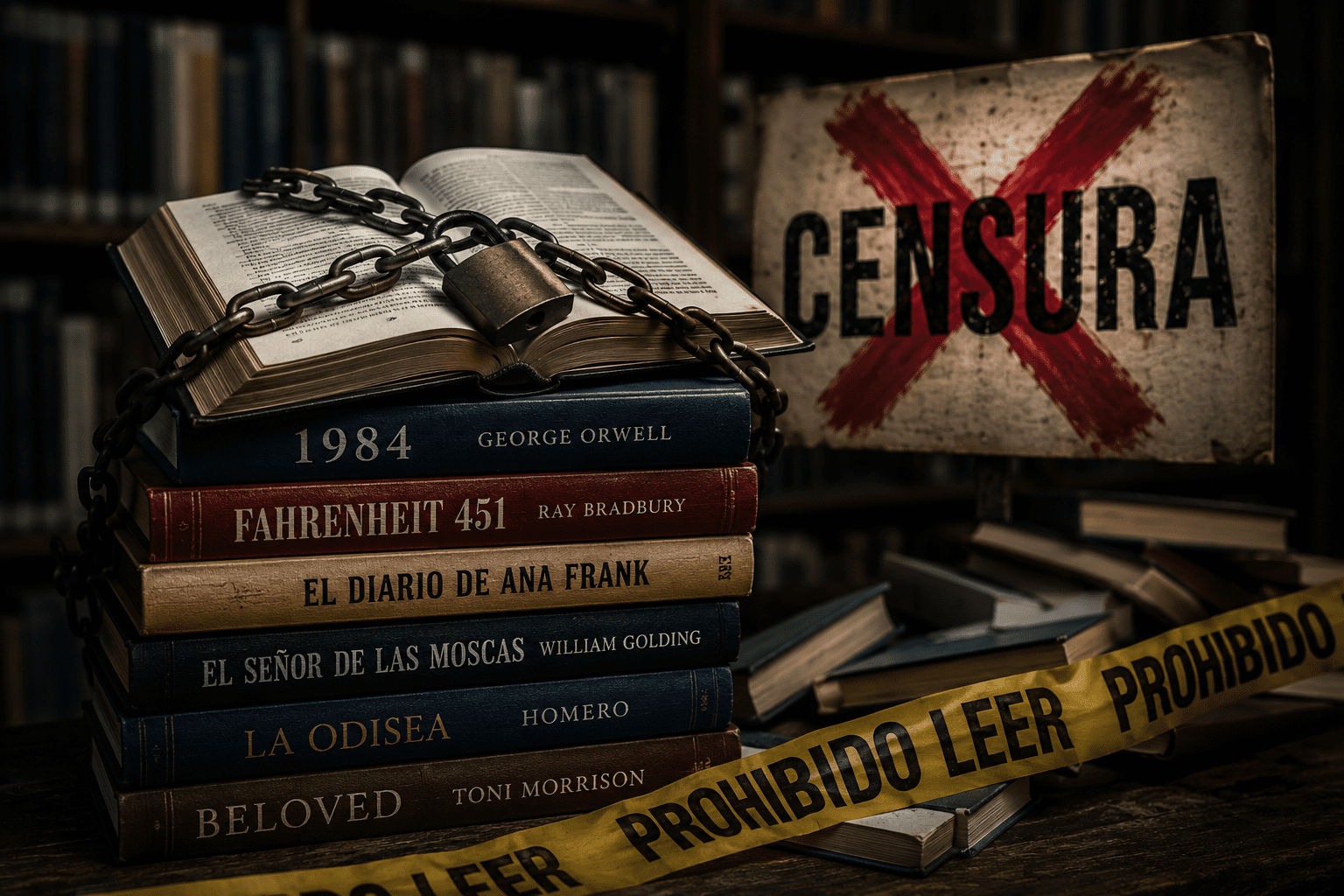 Libros encadenados en una biblioteca simbolizan la censura literaria y los libros prohibidos.