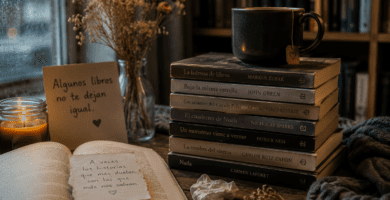 Libros emotivos apilados junto a una vela, una taza y una ventana con lluvia.