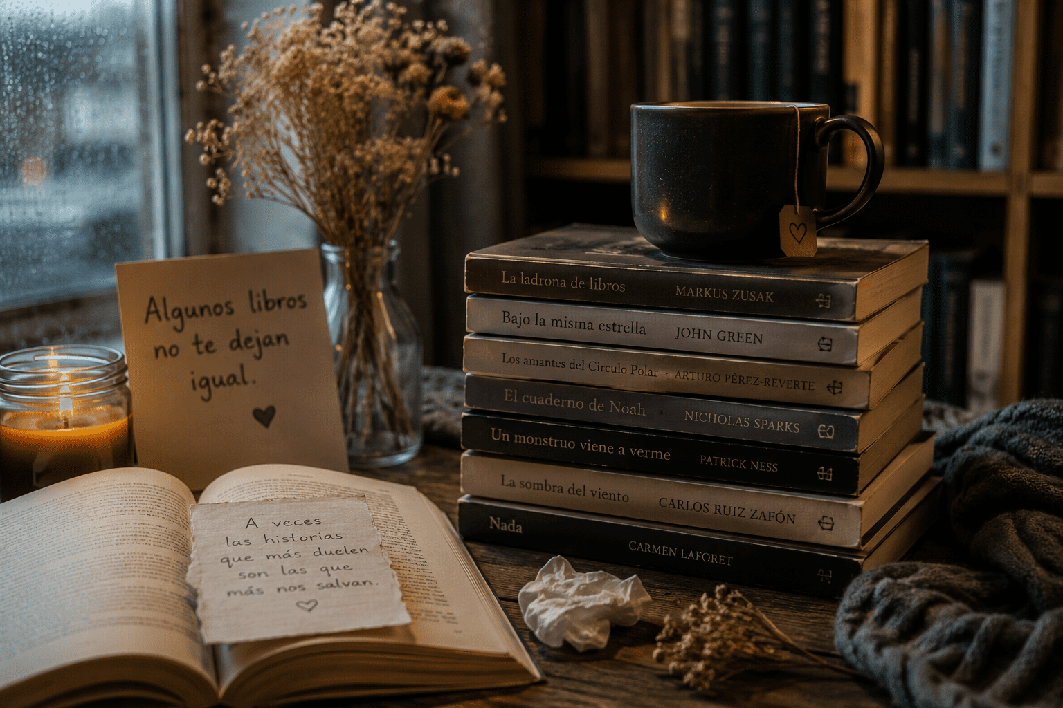 Libros emotivos apilados junto a una vela, una taza y una ventana con lluvia.