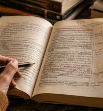 Libro abierto con subrayados, notas al margen y marcadores de colores sobre una mesa de lectura.