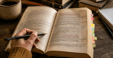 Libro abierto con subrayados, notas al margen y marcadores de colores sobre una mesa de lectura.