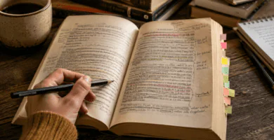Libro abierto con subrayados, notas al margen y marcadores de colores sobre una mesa de lectura.