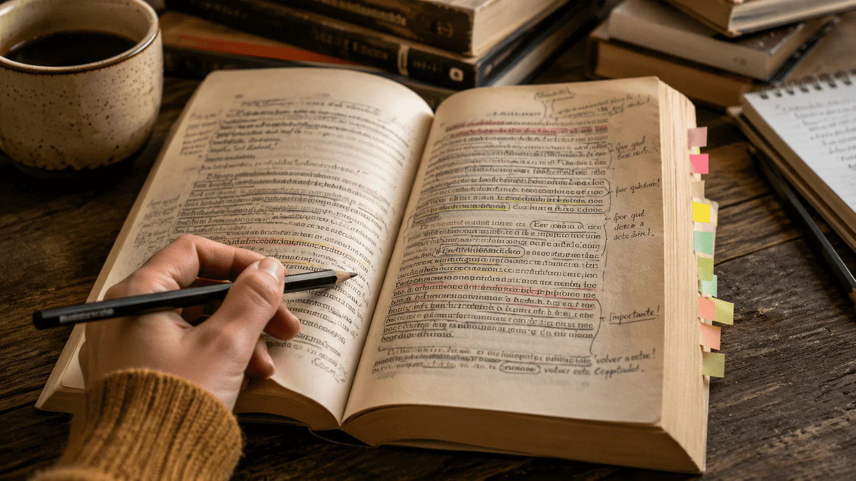 Libro abierto con subrayados, notas al margen y marcadores de colores sobre una mesa de lectura.