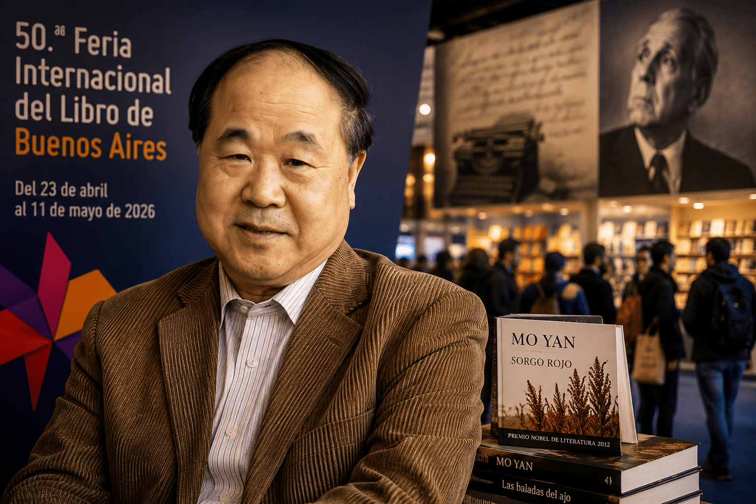 Mo Yan en la Feria del Libro de Buenos Aires, junto a libros y homenaje a Borges.