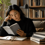 Persona lee una novela corta en una biblioteca cálida con libros apilados sobre la mesa.