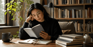 Persona lee una novela corta en una biblioteca cálida con libros apilados sobre la mesa.