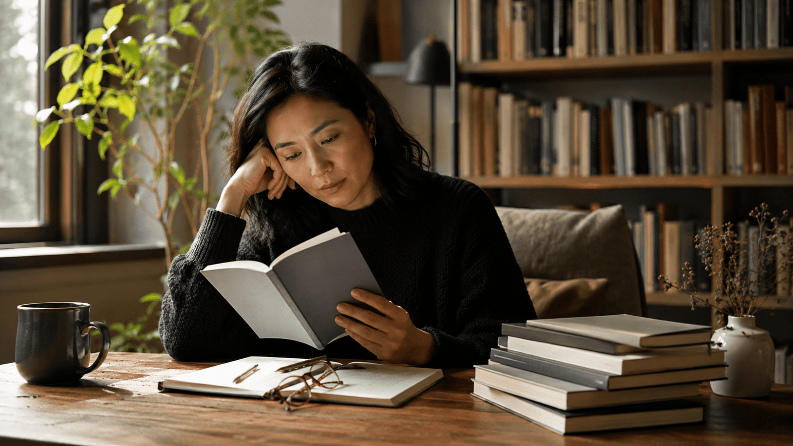 Persona lee una novela corta en una biblioteca cálida con libros apilados sobre la mesa.