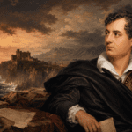Lord Byron frente a un paisaje romántico con mar al atardecer, ruinas clásicas, manuscritos y pluma, evocando sus obras poéticas y su rebeldía literaria.