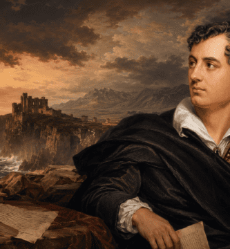 Lord Byron frente a un paisaje romántico con mar al atardecer, ruinas clásicas, manuscritos y pluma, evocando sus obras poéticas y su rebeldía literaria.