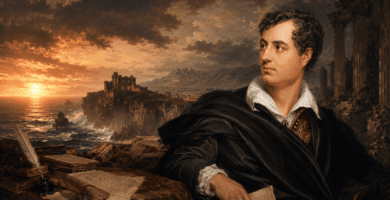 Lord Byron frente a un paisaje romántico con mar al atardecer, ruinas clásicas, manuscritos y pluma, evocando sus obras poéticas y su rebeldía literaria.