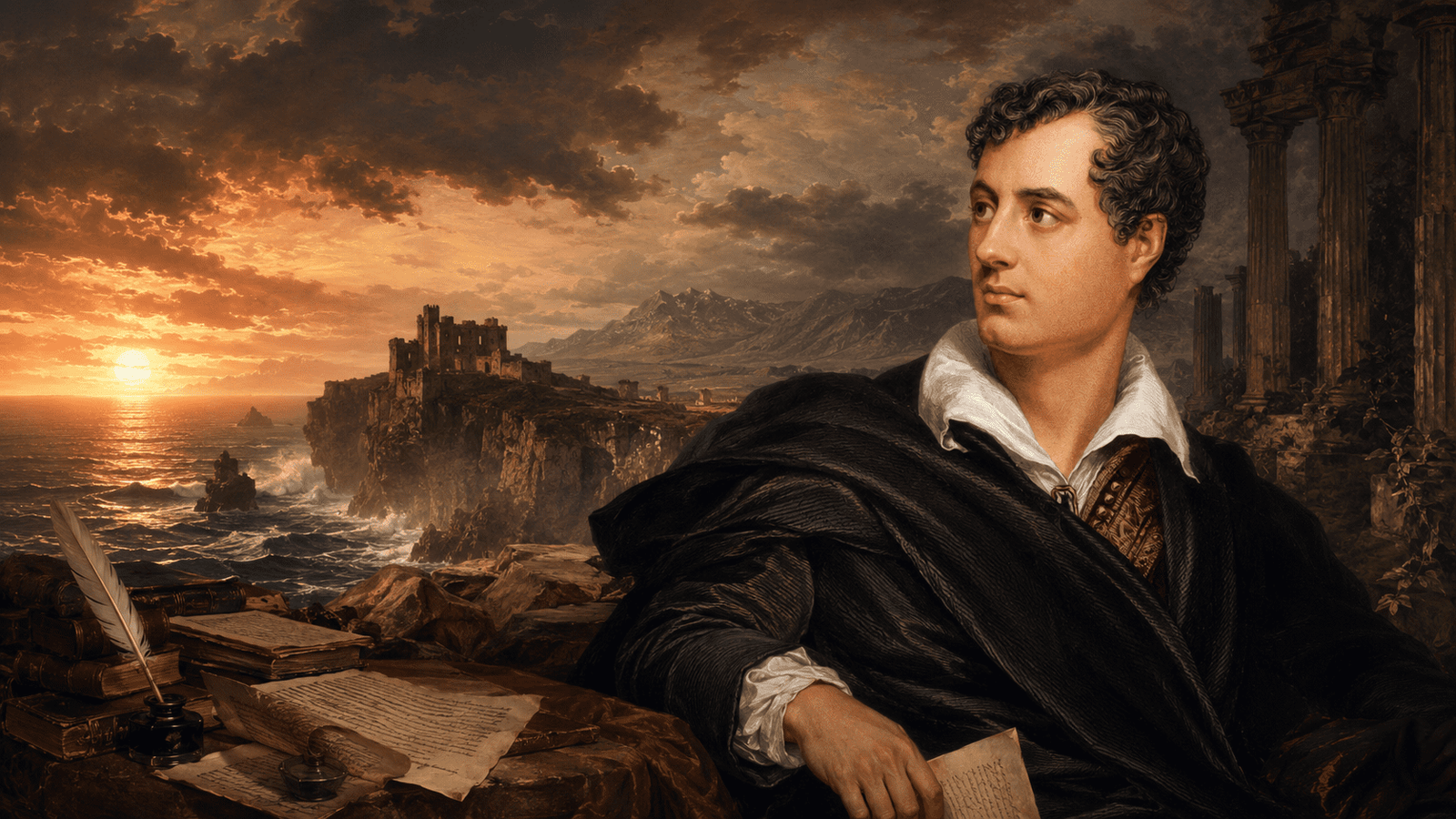 Lord Byron frente a un paisaje romántico con mar al atardecer, ruinas clásicas, manuscritos y pluma, evocando sus obras poéticas y su rebeldía literaria.