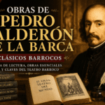 Pedro Calderón de la Barca junto a libros barrocos, máscara teatral, pluma, vela y escenario del Siglo de Oro español.