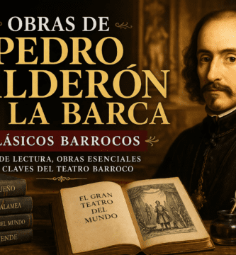 Pedro Calderón de la Barca junto a libros barrocos, máscara teatral, pluma, vela y escenario del Siglo de Oro español.