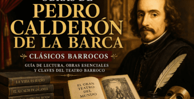 Pedro Calderón de la Barca junto a libros barrocos, máscara teatral, pluma, vela y escenario del Siglo de Oro español.