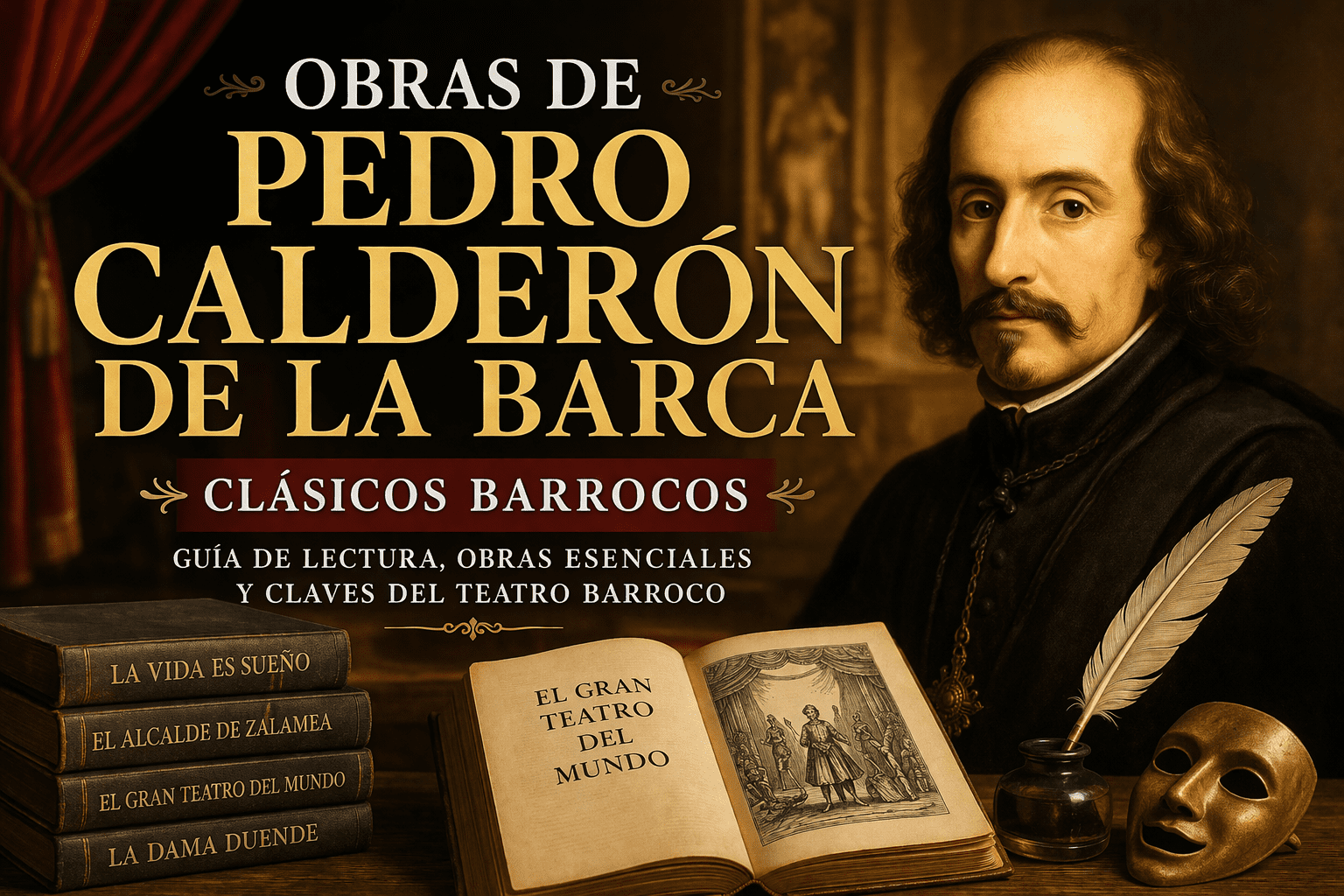 Pedro Calderón de la Barca junto a libros barrocos, máscara teatral, pluma, vela y escenario del Siglo de Oro español.