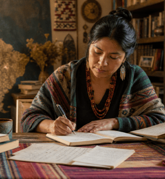 Imagen editorial sobre el PLIA 2026 con una escritora indígena trabajando entre libros y un mapa de América al fondo