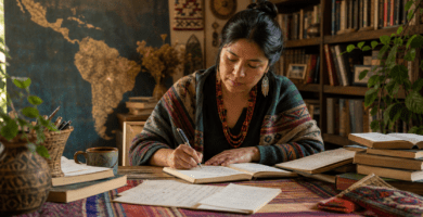 Imagen editorial sobre el PLIA 2026 con una escritora indígena trabajando entre libros y un mapa de América al fondo