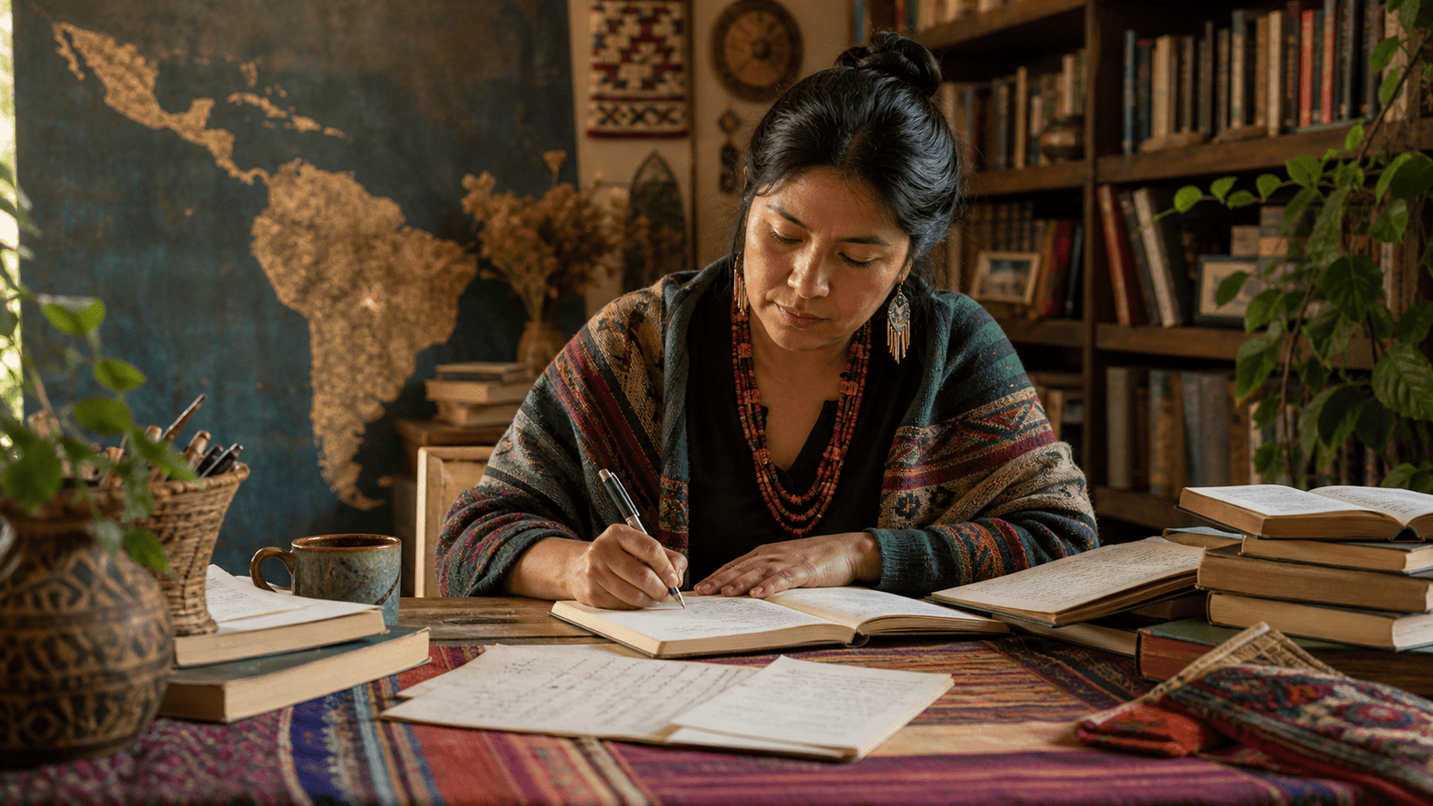 Imagen editorial sobre el PLIA 2026 con una escritora indígena trabajando entre libros y un mapa de América al fondo