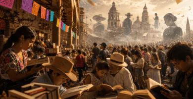 multitud de lectores en la FIL de Jalisco participando en una jornada de lectura pública inspirada en Pedro Páramo