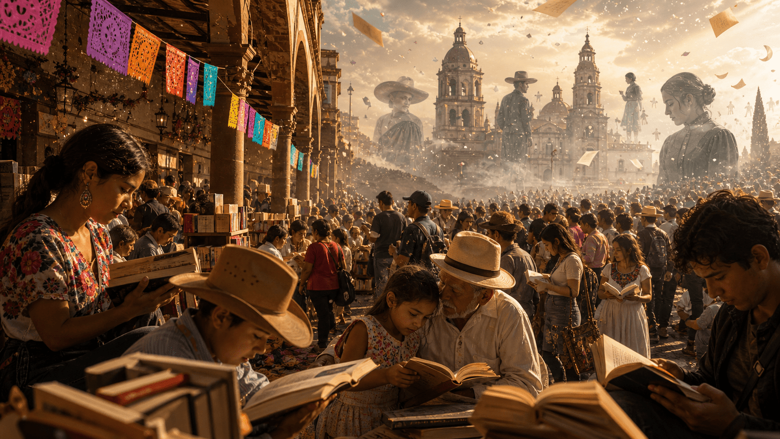 multitud de lectores en la FIL de Jalisco participando en una jornada de lectura pública inspirada en Pedro Páramo